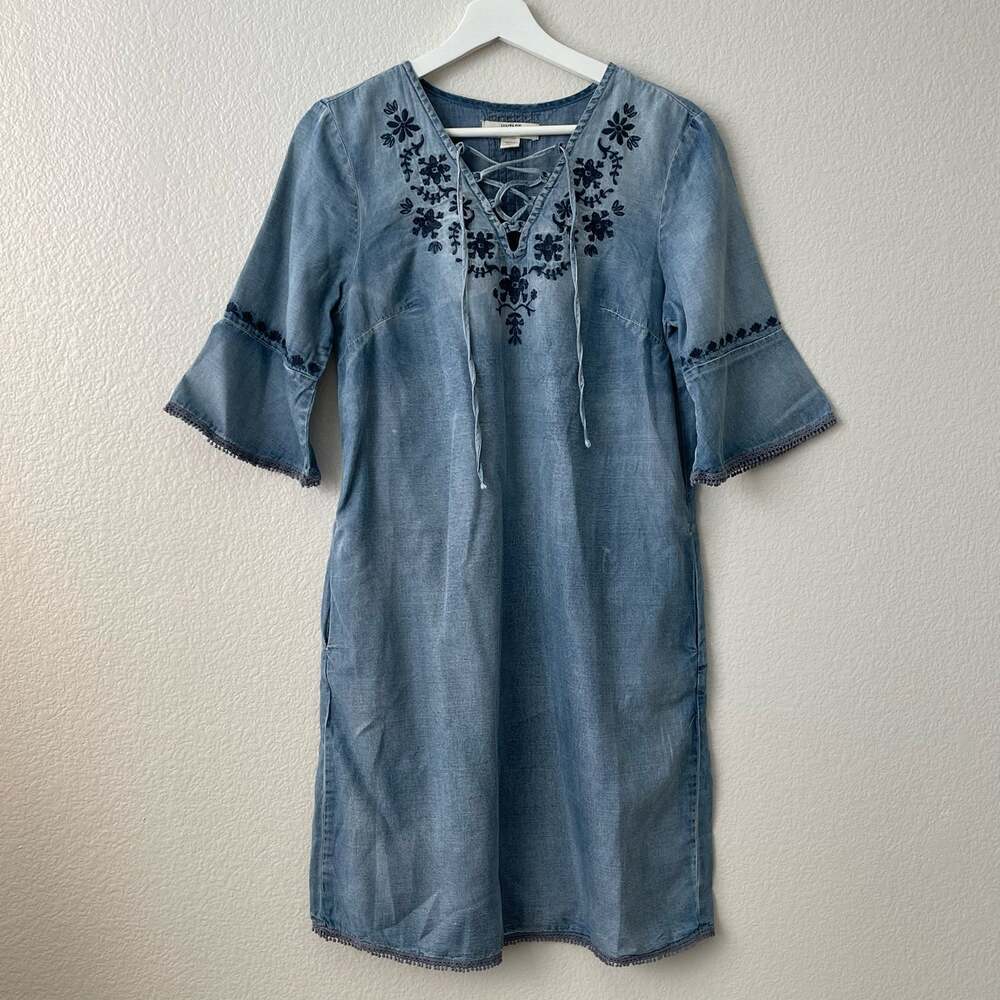 Vintage America Womens Blue Midi Tunic Dress Chambray Embroidered Size Small